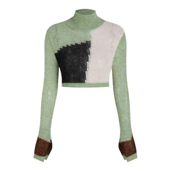 NWT Cider Wool Blend Patchwork High Neck Cropped Fuzzy Sweater Green Medium - Picture 1 of 8